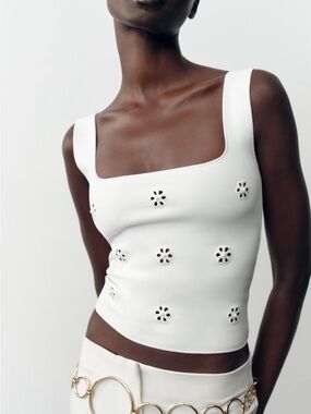 Zara White Floral Eyelet Cutout Peal Square-Neck Tank